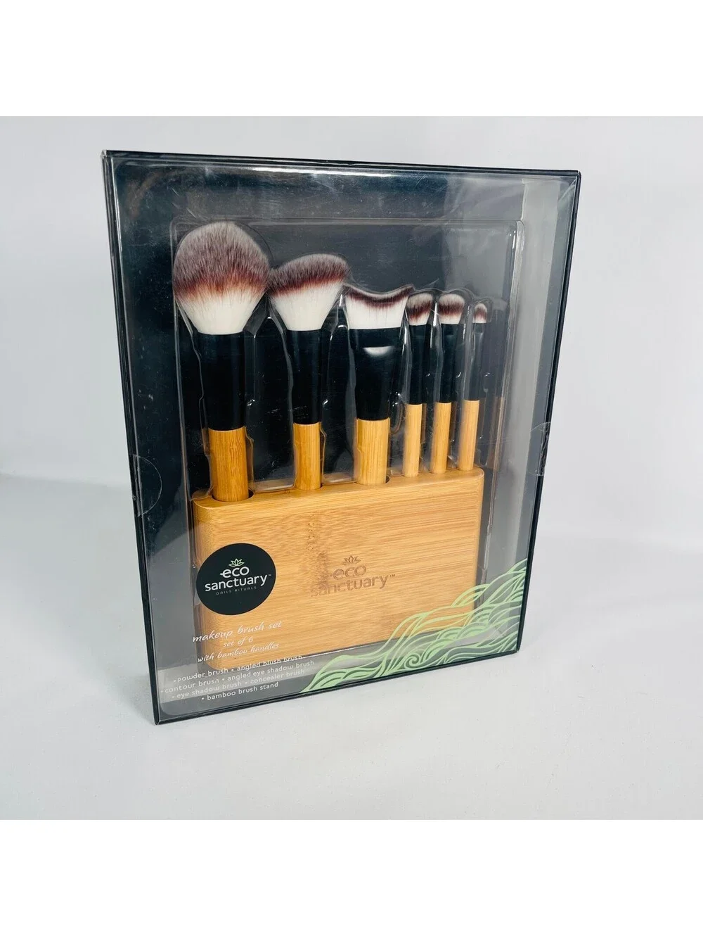Eco Sanctuary 6 Pc Makeup Brush Set with Bamboo Handles & Wooden Stand New Box